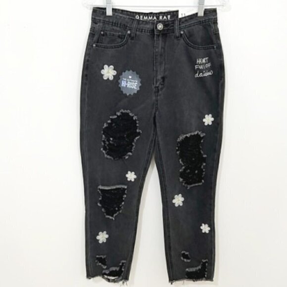 GEMMA RAE Denim - GEMMA Rae Junior's Jeans 90's Straight High Rise Black Distressed
